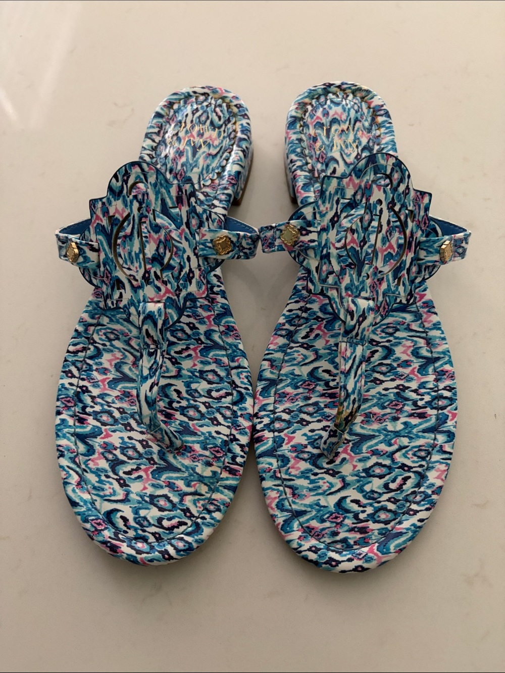 crown & ivy Blue Multi Patterned Scalloped Thong Sandals